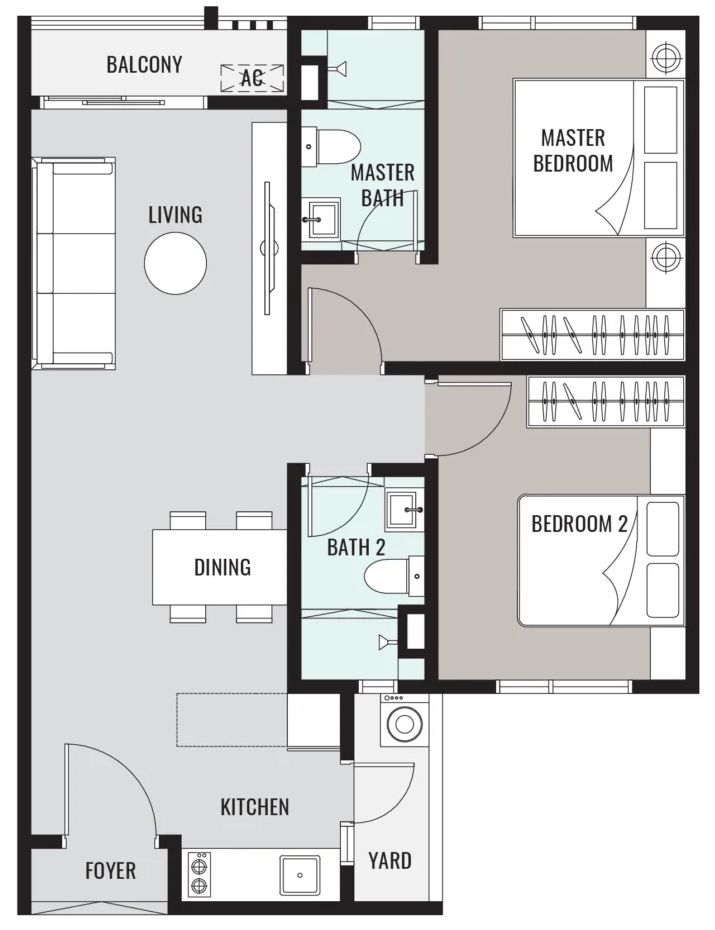Han-Ya Wahyu Type A floor plan: 735 sq ft, 2 bedrooms, 2 bathrooms