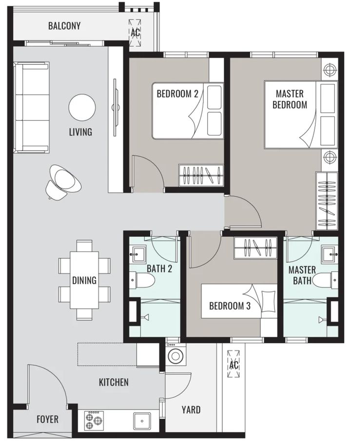 Han-Ya Wahyu Type B floor plan: 918 sq ft including an 18 sq ft accessory parcel, 3 bedrooms, 2 bathrooms