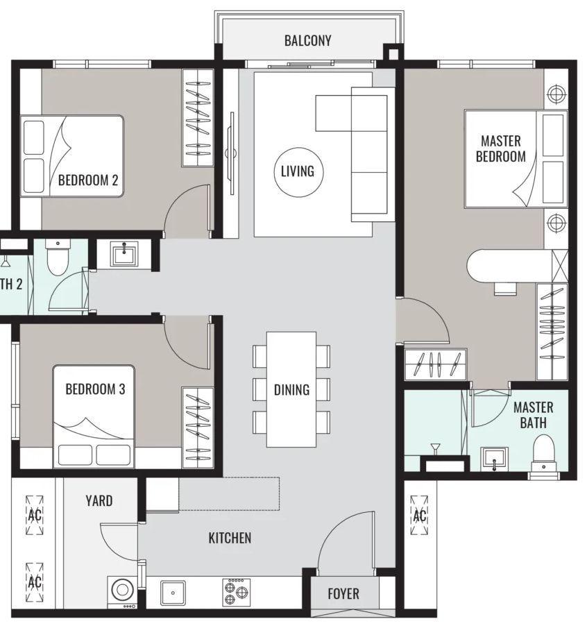 Han-Ya Wahyu Type C corner floor plan: 1,070 sq ft including a 40 sq ft accessory parcel, 3 bedrooms, 2 bathrooms