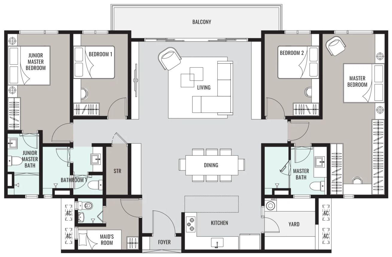 Han-Ya Wahyu Type D floor plan: 1,836 sq ft including a 36 sq ft accessory parcel, 4+1 bedrooms, 4 bathrooms